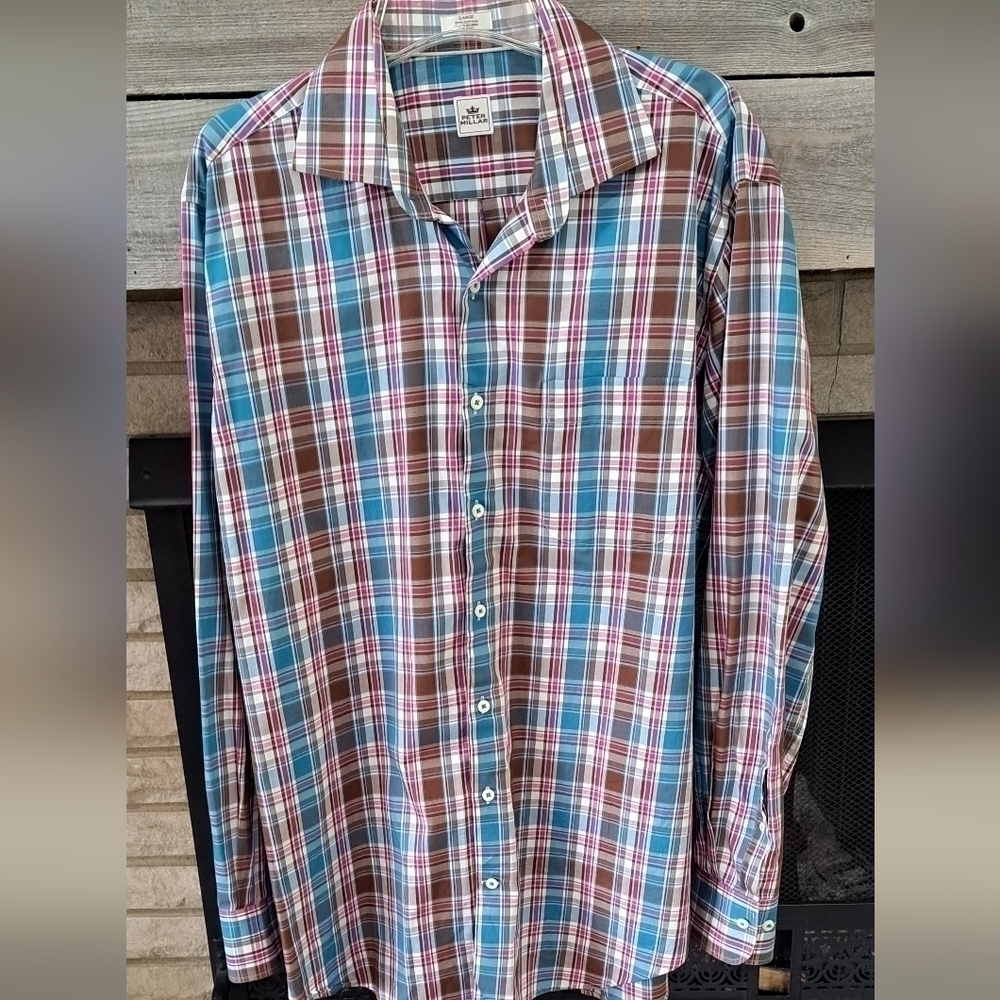 Peter Millar Men's Large Long Sleeve Shirt Gingham Plaid Cotton Office Business